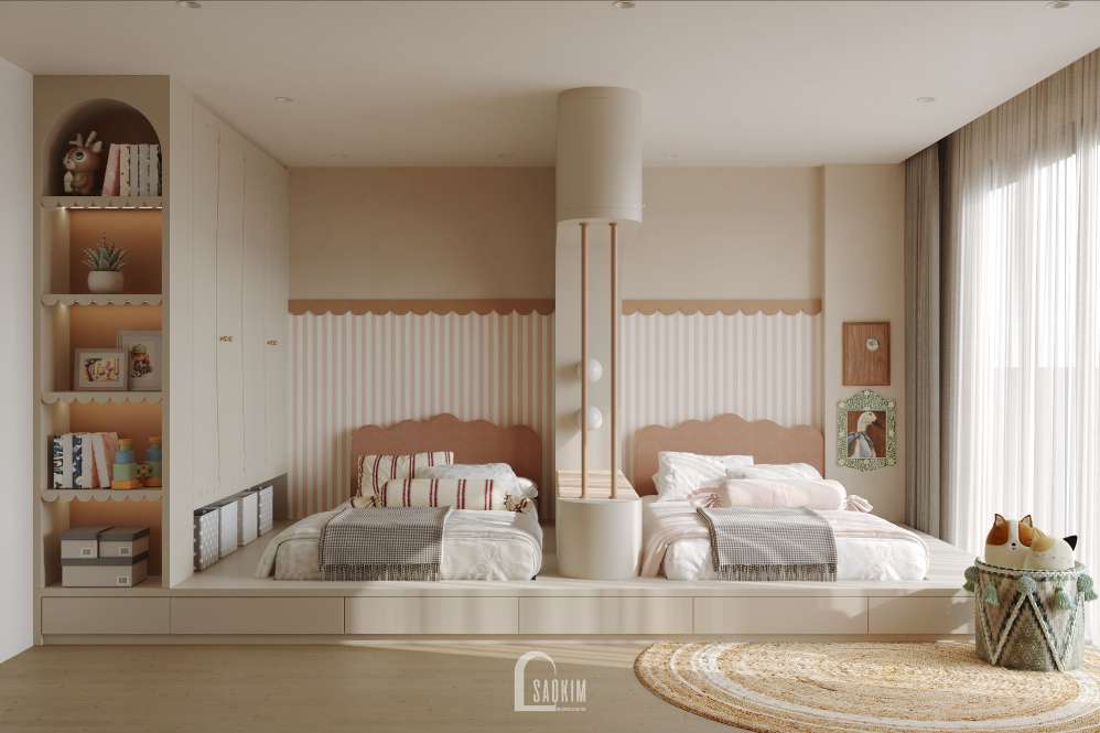 Thiết kế phòng ngủ cho bé nhà phố phong cách Wabi Sabi - gam màu hồng pastel và giường hai giường đơn